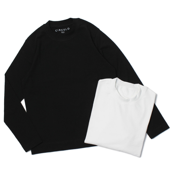 チルコロ 1901 / CIRCOLO 1901 / セミモックネック ロングスリーブ Tシャツ / コットン  スムースニット【ホワイト/ブラック】【SALE 30】